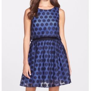 BETSEY JOHNSON Dress A-Line Sleeveless Polka Dot Lace Popover Blue Sizes 6 10